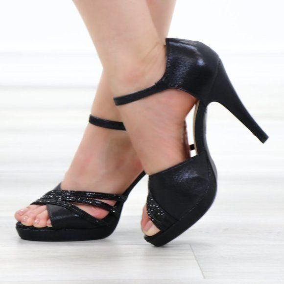 Shimmery Black Satin Platform Heeled Stiletto Sandal - Picture 2 of 11